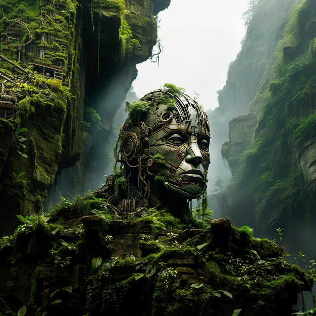 女性の頭が森の岩に刻まれている