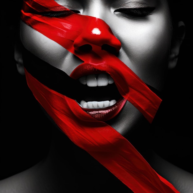 Woman39 gezicht in rode verf zwart-wit afbeelding generatieve AI