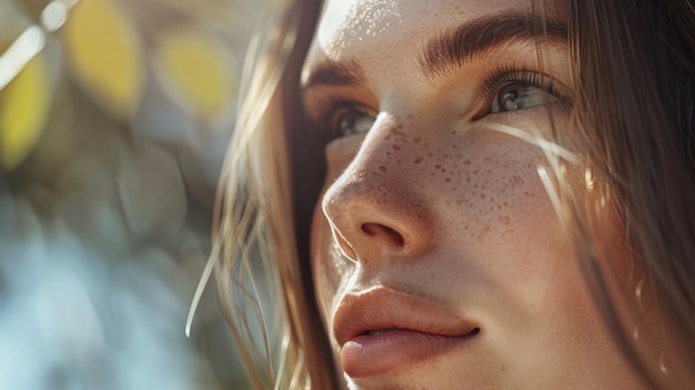 Photo woman39s contemplative gaze freckles accentuated by golden hour light