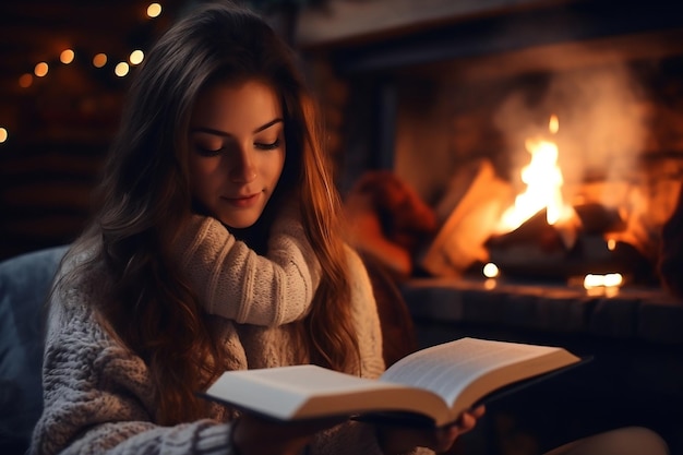 A Woman39s Cozy Night with Reading and fire Generative Ai