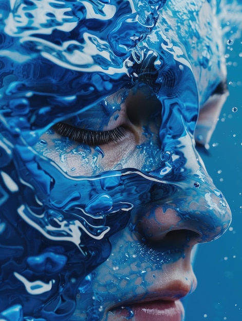 Foto il viso di una donna è dipinto di blu ed è circondato da acqua