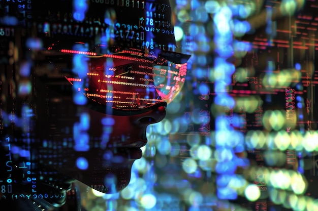 A woman39s face is projected onto a screen with a blue background