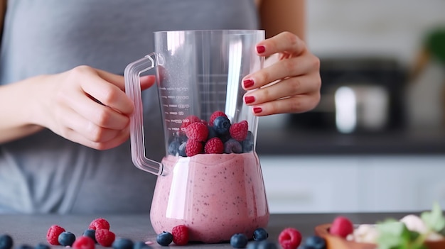 Woman39s hands holding a cup of frozen berries as she adds them into a blender with spinach bananas and almond milk Generative AI