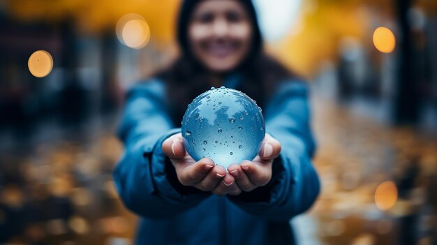 Photo woman39s hands holding a small orange ball with a smiley face