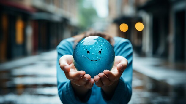 Foto le mani di una donna che tiene una piccola palla arancione con una faccia sorridente