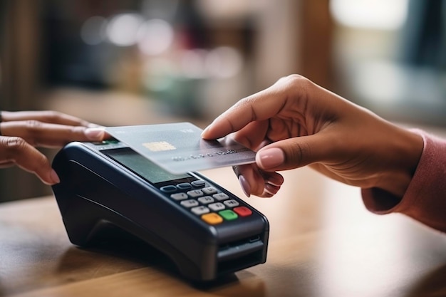 Foto le mani di una donna che fa un pagamento con una carta di credito