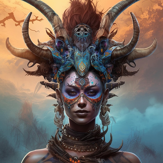 A woman39s head painted with horns and skulls illustration Generative AI