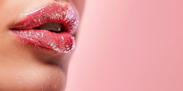 Photo a woman39s lips are covered in glitter concept of glamour and luxury as the glitter adds a touch of sparkle and sophistication to the lips the pink background further enhances the overall aesthetic