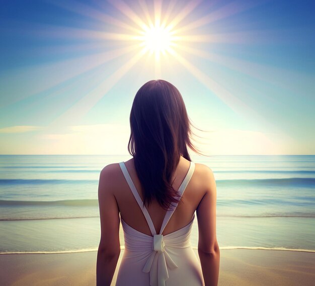 Womans back view on the beach with sunbeam