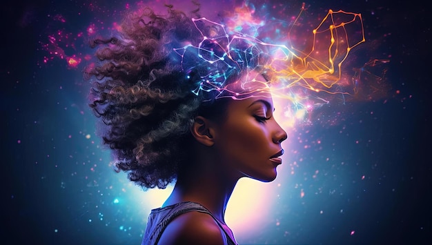 A womans brain in silhouette with colorful lights and other nebulae in the style of powerful