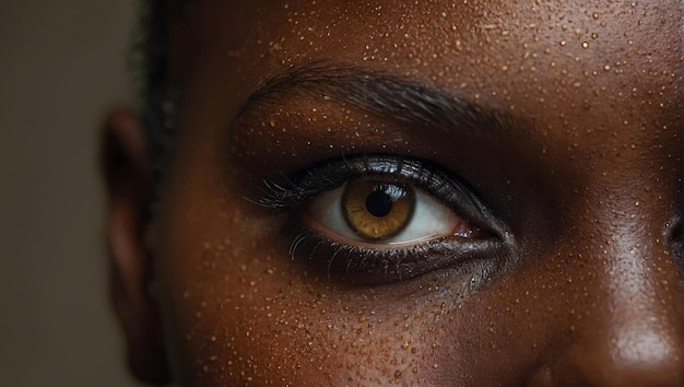 Foto un occhio marrone di una donna con luccioli bianchi sui suoi occhi
