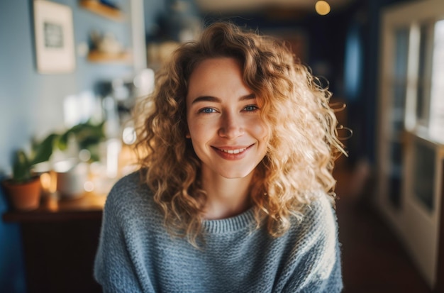 A womans contagious smile and lively curls are highlighted by the cozy ambience of a welllit room creating an inviting portrait of relaxed joy