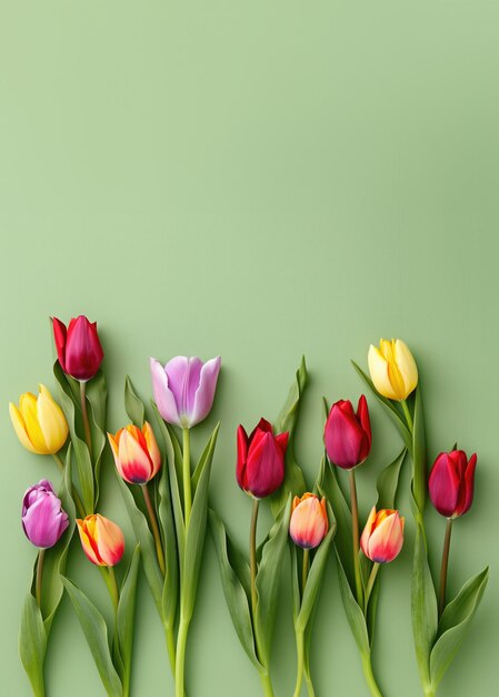 여성의 날 또는 부활절 배경 녹색 인사 카드 디자인에 다채로운 봄 립의 상단 시각