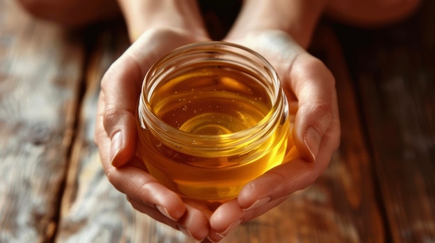 A womans delicate hands holding a jar of golden honey which is commonly used in ayurvedic medicine