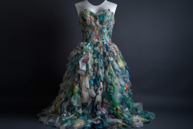 Womans dress made of discarded plastic bottles and fabric scraps