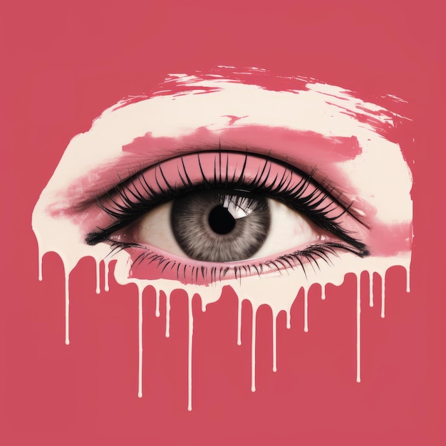 a womans eye is dripping on a pink background