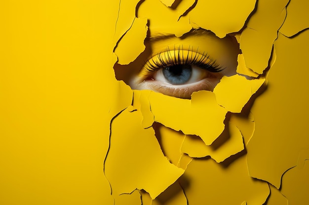 a womans eye is peeking out of a yellow paper