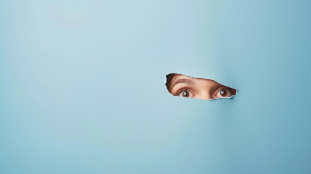 Photo womans eye peeks out of hole in blue wall