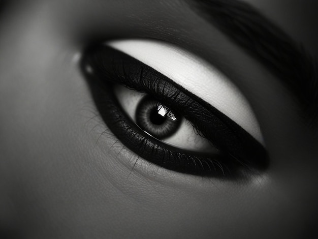 a womans eye with a black and white eye