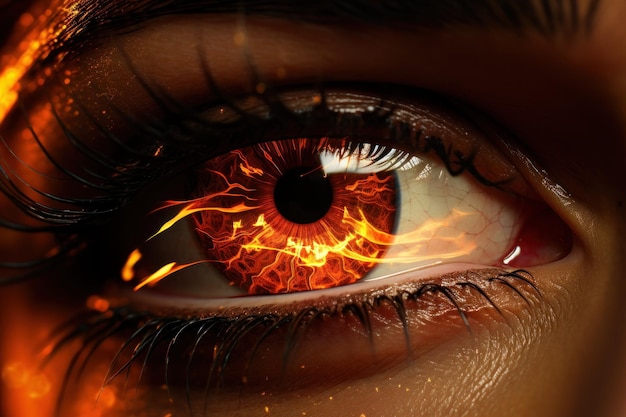 Photo a womans eye with fire glowing from inside it