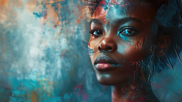 a womans face adorned with a kaleidoscope of vibrant swirling paint splatters