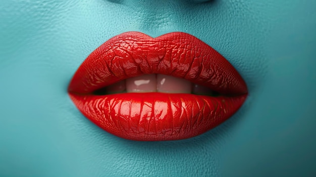 A womans face in blue with bright red lips