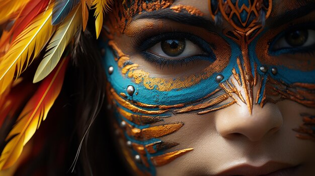 Womans Face Close Up With Feathers