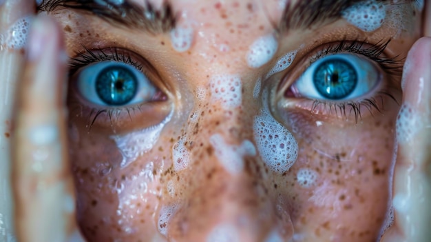 Womans face covered with soap suds