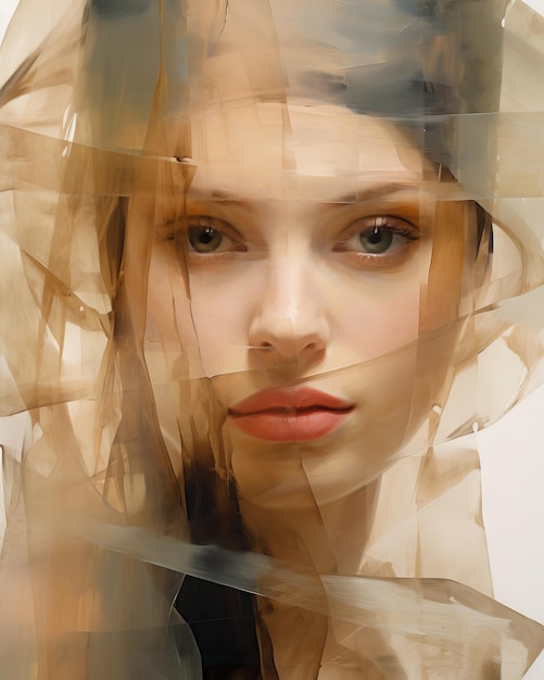 Premium AI Image WOMANS FACE IN FRONT OF AN ABSTRACT PIECE OF ART IN THE STYLE OF TRANSPARENCY