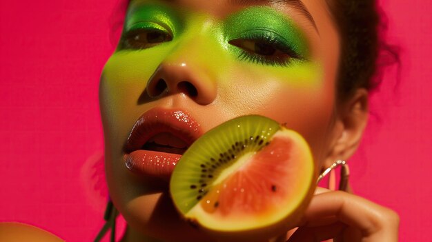 キウイのスライスを食べている女性の顔は鮮やかな緑色のメイクアップで強調されています