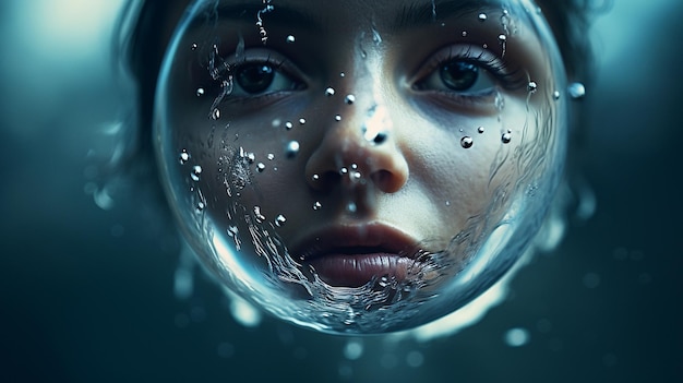 Womans face inside a water bubble