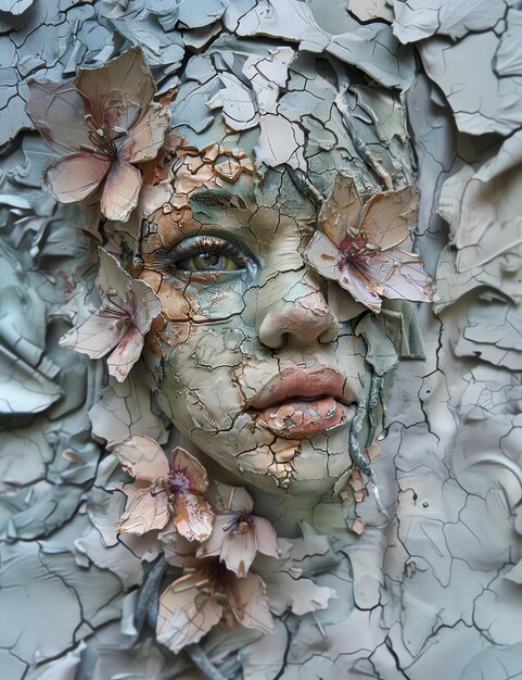 Photo a womans face is covered in leaves and flowers