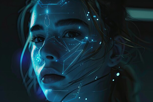 Photo a womans face is illuminated by blue lights creating a futuristic and otherworldly appearance