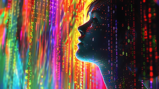 Foto il viso di una donna è illuminato da luci colorate