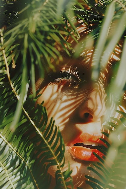 a womans face is looking through a pine tree