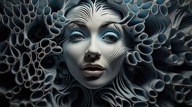 A womans face is made of blue and white paper ai