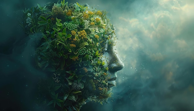 여성의 얼굴은 식물과 잎으로 만들어져 있으며, 그녀의 손은 인공지능으로 생성된 이미지로 그녀의 얼굴을 고 있습니다.