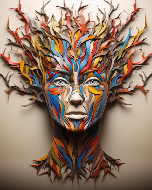 a womans face is made up of colorful branches