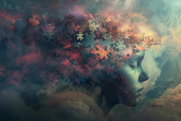 A womans face is made up of puzzle pieces