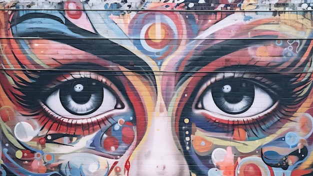 A womans face is painted on a wall in an alley