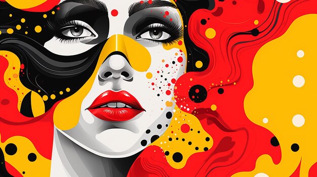 a womans face is painted with black red yellow and white polka dots