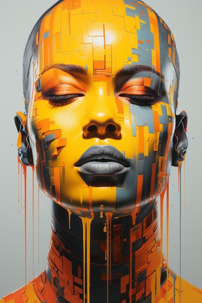 A womans face is painted with orange and yellow paint