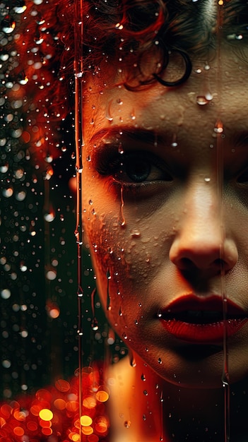 лицо женщины отражается в окне с каплями дождя на нем