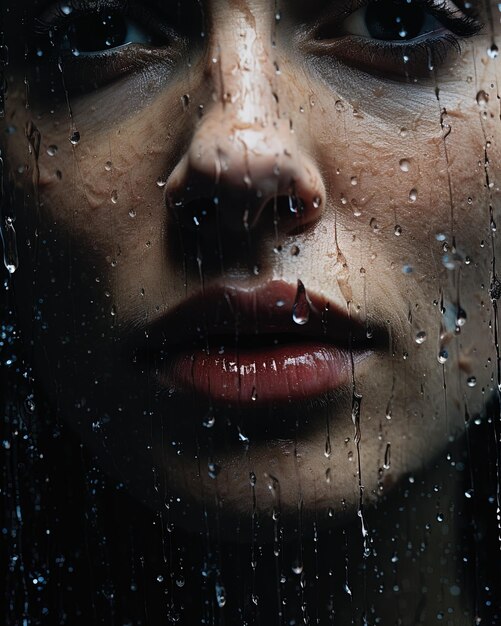 a womans face is shown in front of a window with water drops