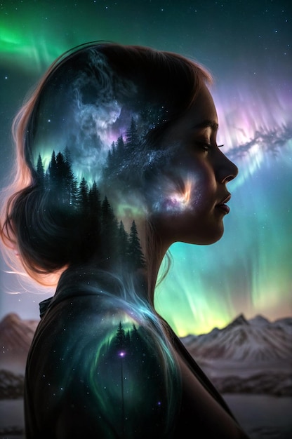 a womans face is shown with the aurora borealis in the background