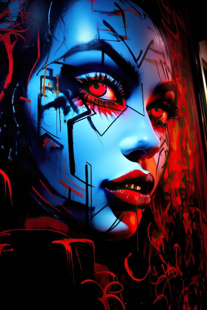 a womans face painted with red and blue paint