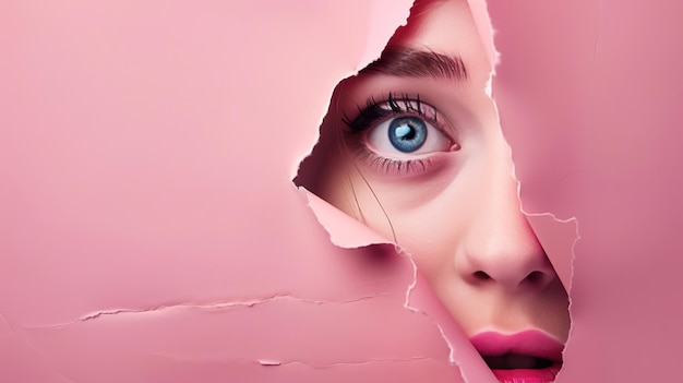 Womans Face Peeking Through Hole in Pink Wall