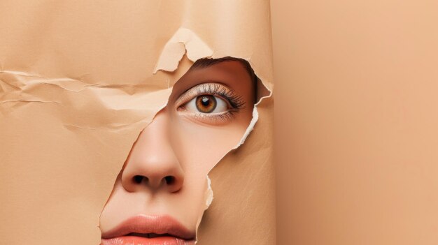 Womans Face Peeking Through Torn Paper