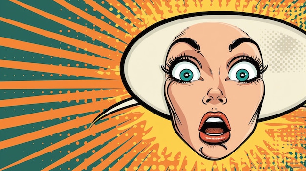 a womans face in a pop art style with wide eyes and an open mouth surrounded by a colorful backgrou