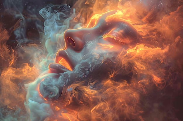 Женское лицо, окруженное огнем и дымом